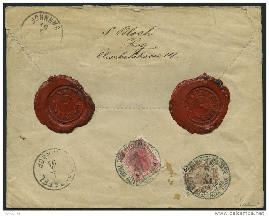 STERREICH 53,65 BRIEF, 1894, 5 Kr. Mittelkarmin/schwarz Und 30 Kr. Mattsiena/schwarz, R&uuml;ckseitig Auf Wertbrief Mit - Used Stamps