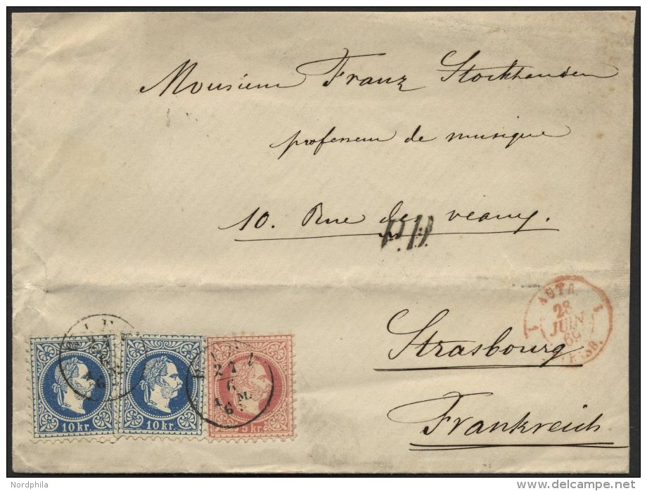 STERREICH 37/8I BRIEF, 1869, 5 Kr. Karmin Und 2x 10 Kr. Blau, Grober Druck, Auf Brief Von WIEN Nach Strasbourg, Leichte - Used Stamps