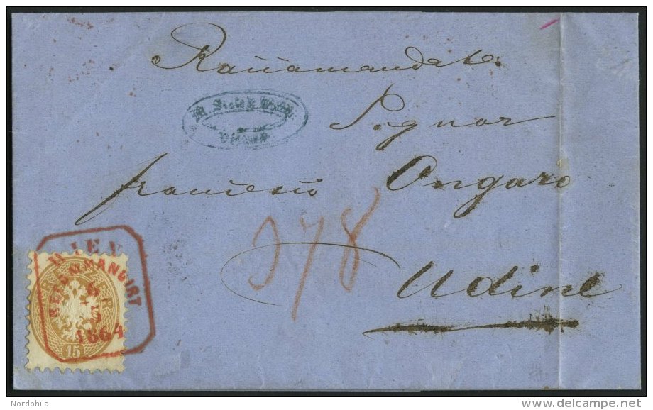 STERREICH 34 BRIEF, 1864, 15 Kr. Braun Auf Reco-Brief Mit Rotem R5 WIEN RECOMMANDIRT 1864 Nach Udine, R&uuml;ckseitiges - Used Stamps