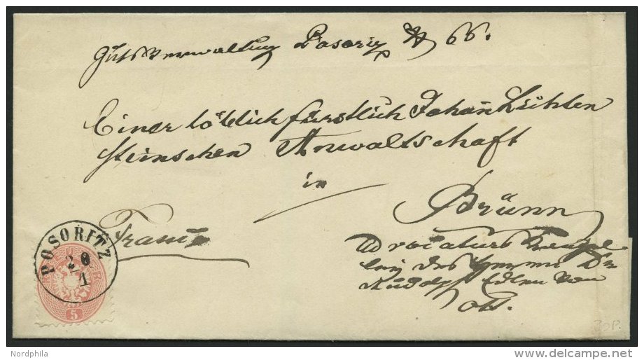 STERREICH 32 BRIEF, 1864, 5 Kr. Rosa Auf Brief Mit K1 POSORITZ Nach Br&uuml;nn, Pracht - Gebraucht