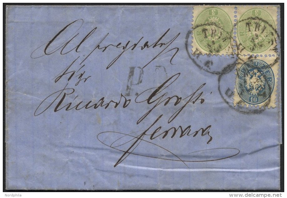 STERREICH 31 Paar,33 BRIEF, 1866, 3 Kr. Gr&uuml;n Im Waagerechten Paar Mit 10 Kr. Blau Auf Brief Von TRIEST Nach Fernana - Gebraucht