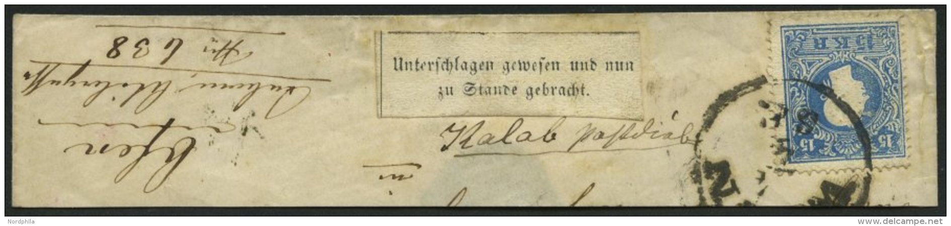 STERREICH 15II BrfStk, 1859, 15 Kr. Blau, Type II, Auf Briefteil Aus WIEN Mit Aufkleber Unterschlagen Gewesen Und Nun Zu - Other & Unclassified