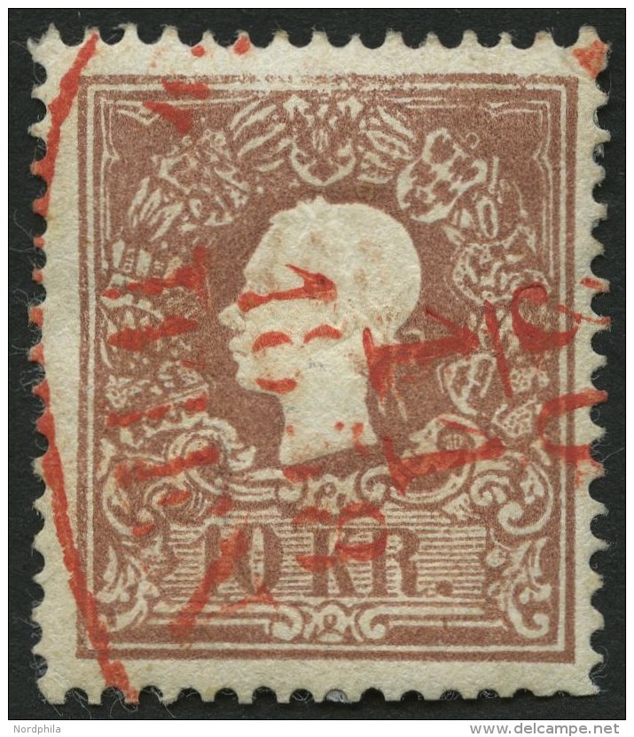 STERREICH 14I O, 1858, 10 Kr. Braun, Type I, Roter Stempel, Normale Z&auml;hnung, Pracht - Sonstige & Ohne Zuordnung