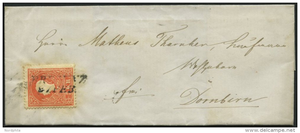 STERREICH 13I BRIEF, 1859, 5 Kr. Rot, Type I, L2 BREGENZ, Kleiner Prachtbrief Nach Dornbirn - Other & Unclassified