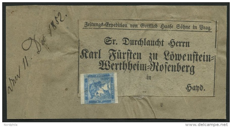 STERREICH 6I BrfStk, 1852, 0.6 Kr. Blau, Type I, Auf Zeitungsadresse Aus Prag, Nicht Entwertet, Pracht - Other & Unclassified