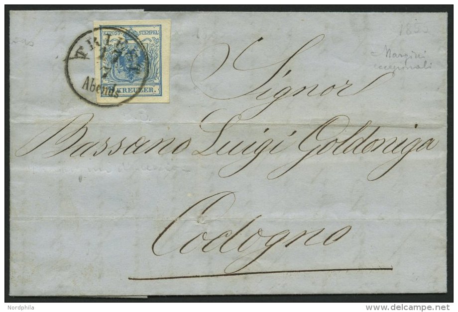 STERREICH 5Y BRIEF, 1855, 9 Kr. Blau, Maschinenpapier, Type IIIb, K1 TRIEST Abends, Prachtbrief Nach Codogno - Other & Unclassified