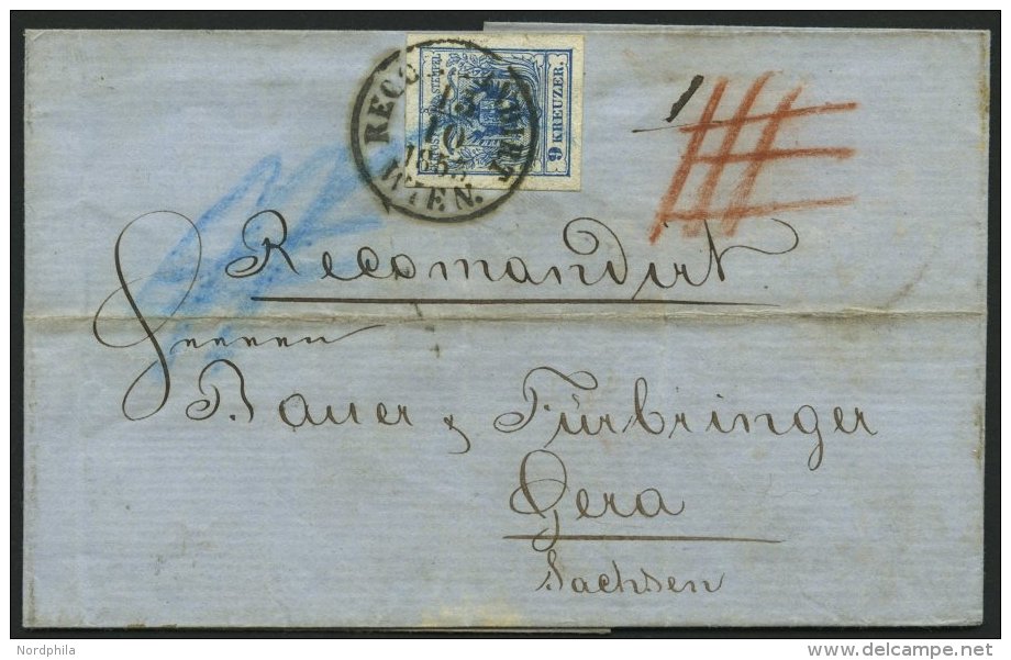 STERREICH 5X BRIEF, 1853, 9 Kr. Blau, Handpapier, Type IIIb, K1 RECOMMANDIRT WIEN, R&uuml;ckseitig 6 Kr Mit Reg-Bug, Pra - Other & Unclassified