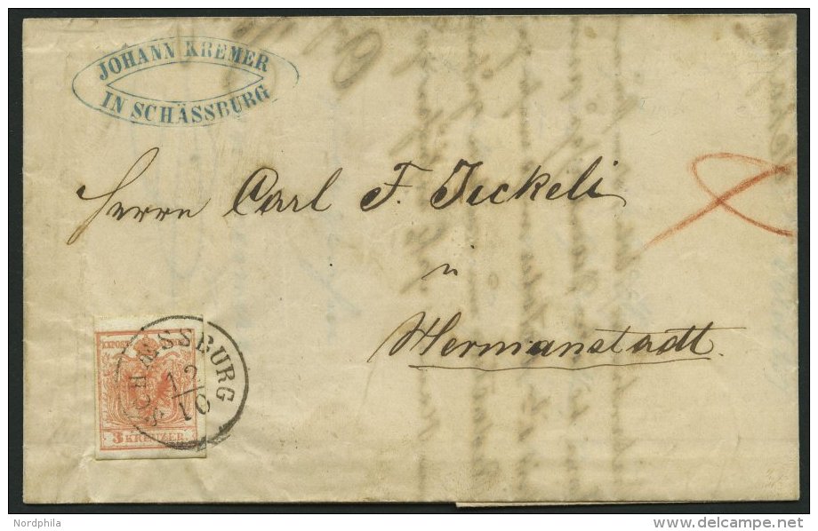 STERREICH 3Y BRIEF, 1857, 3 Kr. Rot, Maschinenpapier, Type IIIa, K1 SCHAESSBURG, Prachtbrief Nach Hermannstadt - Other & Unclassified