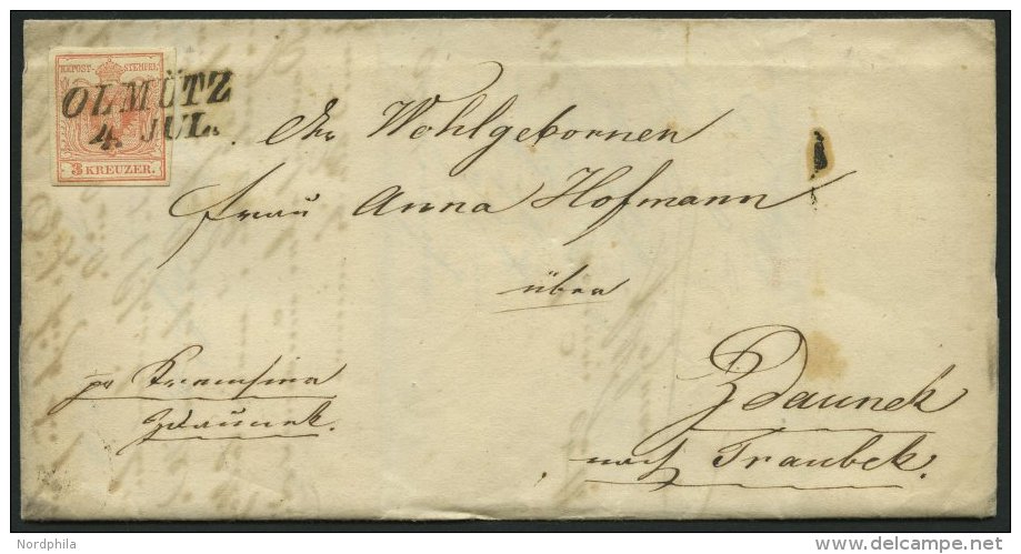 STERREICH 3Y BRIEF, 1859, 3 Kr. Rot, Maschinenpapier, Type IIIa, L2 OLM&Uuml;TZ, Prachtbrief Nach Zdaunek - Other & Unclassified