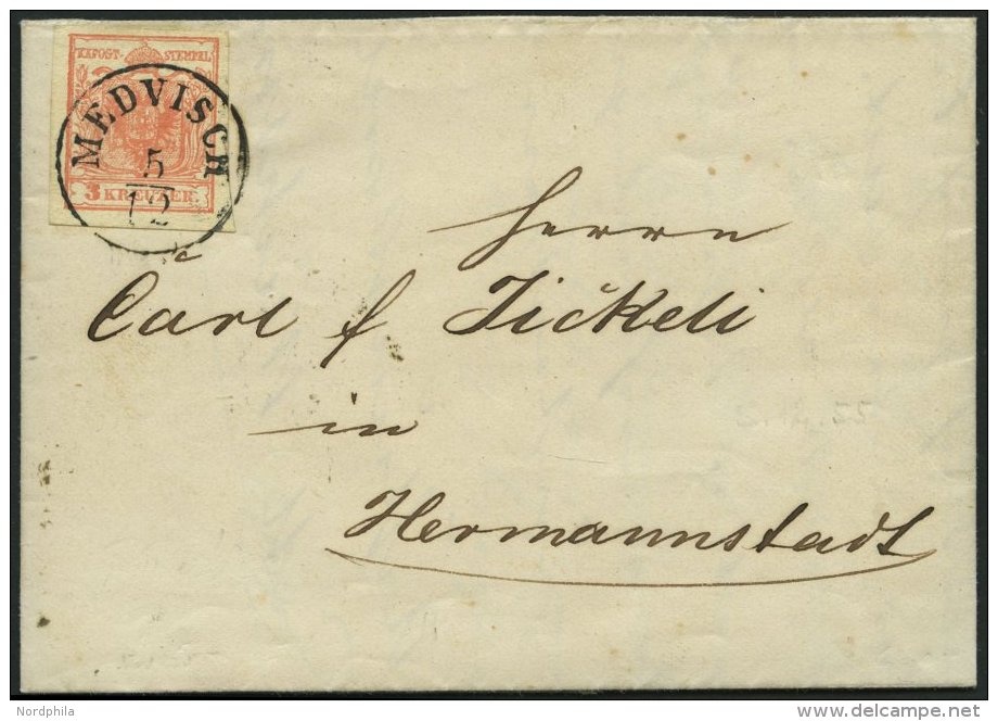 STERREICH 3Y BRIEF, 1855, 3 Kr. Rot, Maschinenpapier, Type IIIb, K1 MEDVISCH, Prachtbrief Nach Hermannstadt - Other & Unclassified