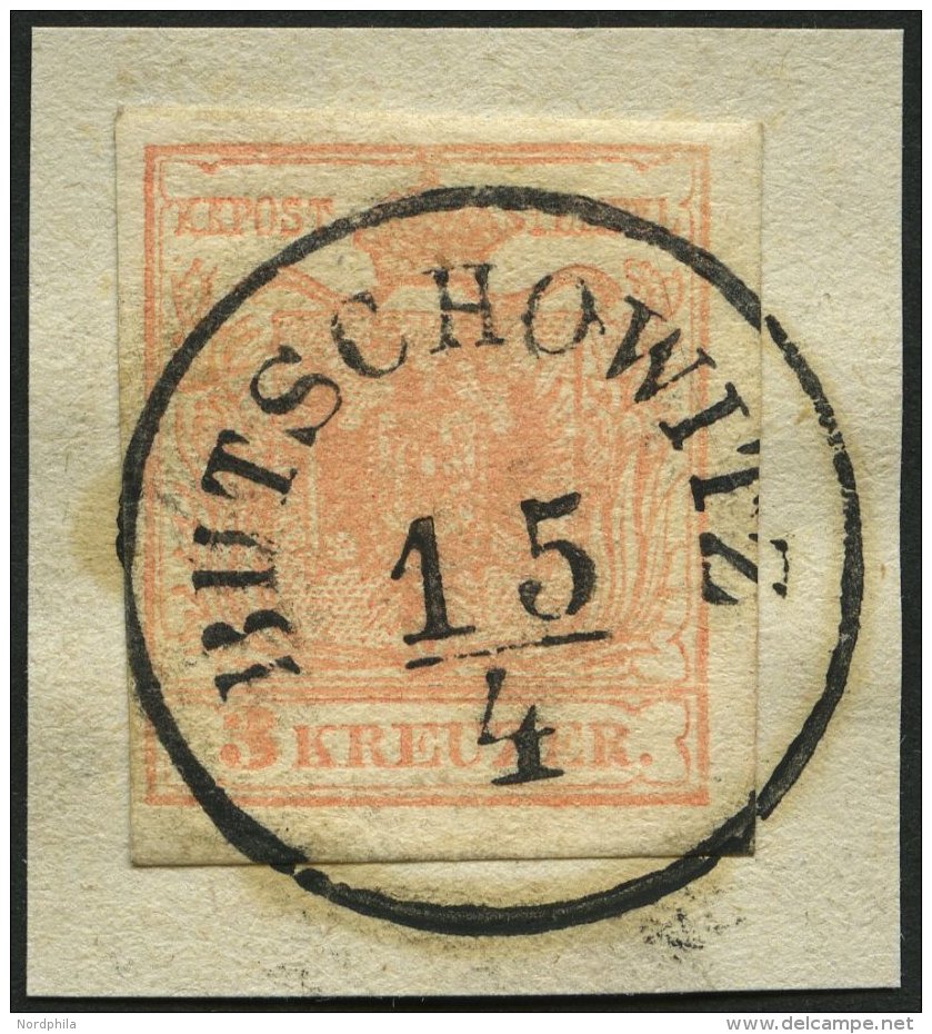 STERREICH 3Y BrfStk, 1854, 3 Kr. Blassrot, Maschinenpapier, Zentrischer K1 BUTSCHOWITZ, Kabinettbriefst&uuml;ck - Other & Unclassified