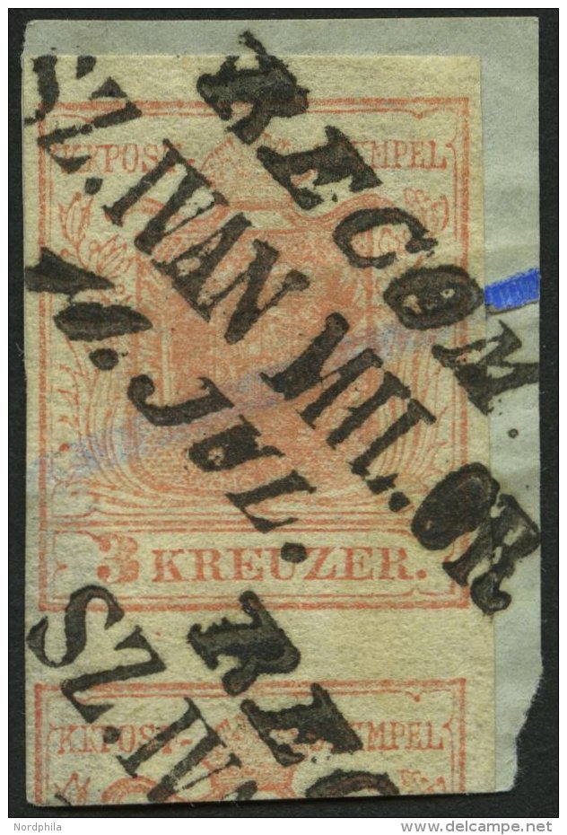 STERREICH 3X BrfStk, 1850, 3 Kr. Rot, Handpapier, Type Ia, Mit Teil Der Unteren Nachbarmarke, L3 RECOM.SZ.IVAN.MILL.OR 1 - Other & Unclassified