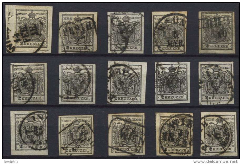 STERREICH 2X,Yo, BrfStk, 1850, 2 Kr. Schwarz, Beide Papiere, Partie Von 15 Voll-breitrandigen Werten, Diverse Typen, Far - Used Stamps