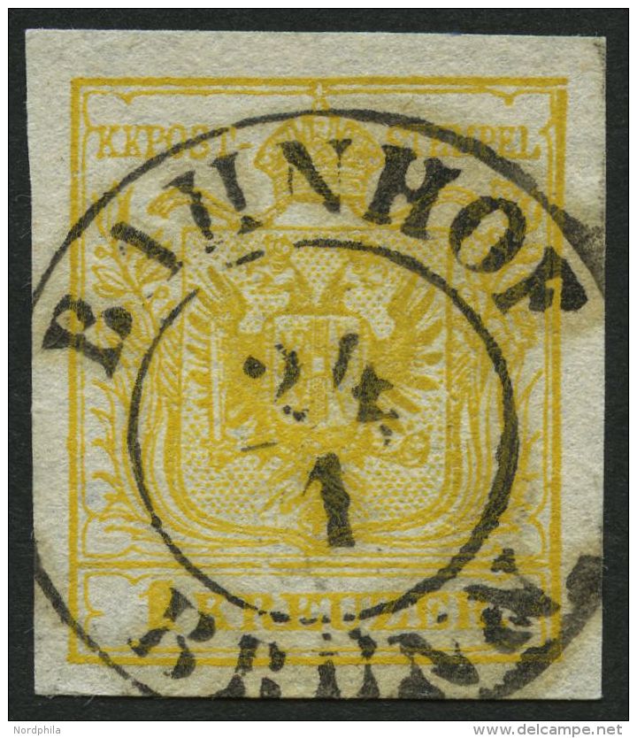 STERREICH 1Xa O, 1850, 1 Kr. Ockergelb, Handpapier, Type III, K2 BAHNHOF BR&Uuml;NN, Kabinett - Other & Unclassified