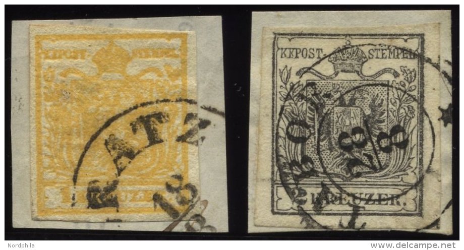 STERREICH 1,2X BrfStk, 1850, 1 Kr. Gelb Und 2 Kr. Schwarz, Handpapier, 2 Prachtbriefst&uuml;cke, Mi. 220.- - Used Stamps