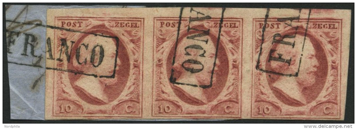 NIEDERLANDE 2 BrfStk, 1852, 10 C. Rosakarmin Im Waagerechten Dreierstreifen, R1 FRANCO, Prachtbriefst&uuml;ck - Netherlands