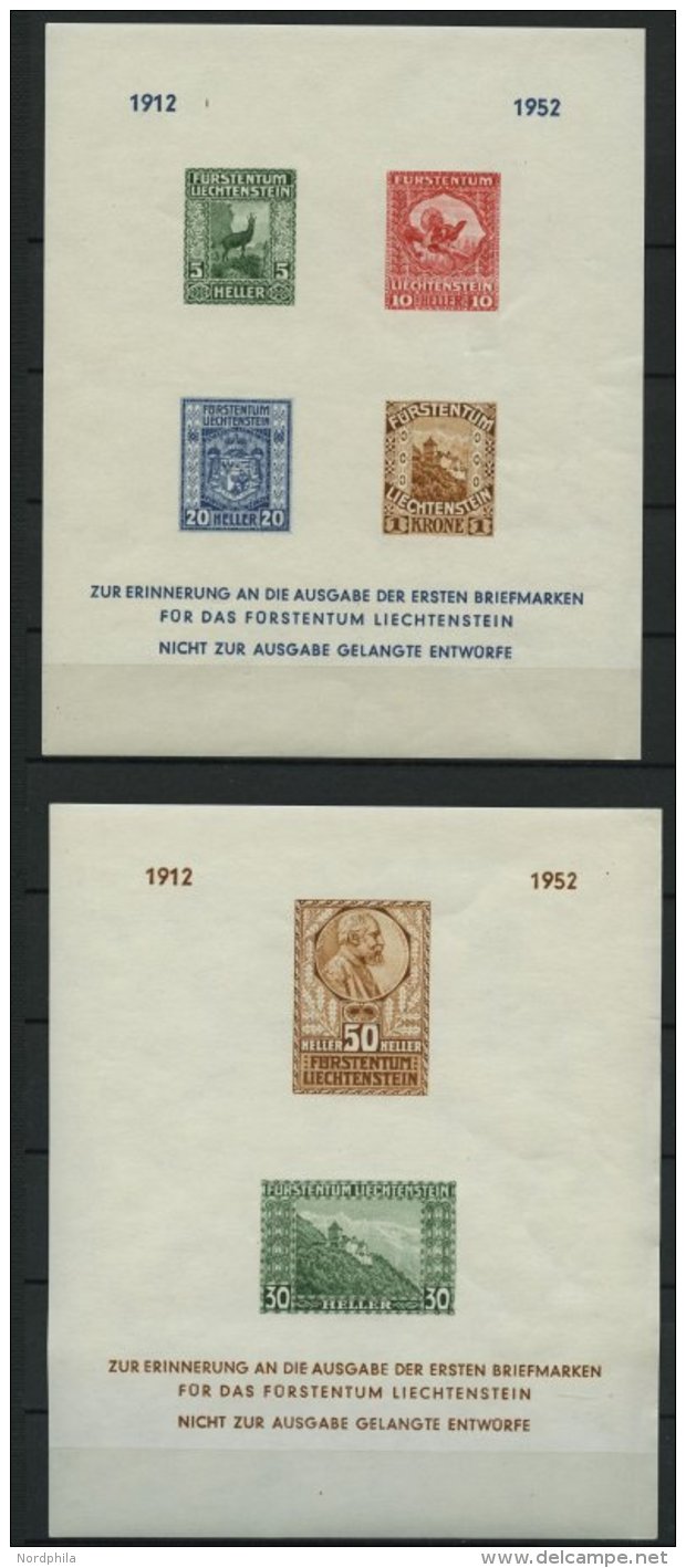 LIECHTENSTEIN **, 1952, 2 Verschiedene Blocks Zur Erinnerung An Die Ausgabe Der Ersten Briefmarken F&uuml;r Das F&uuml;r - Other & Unclassified