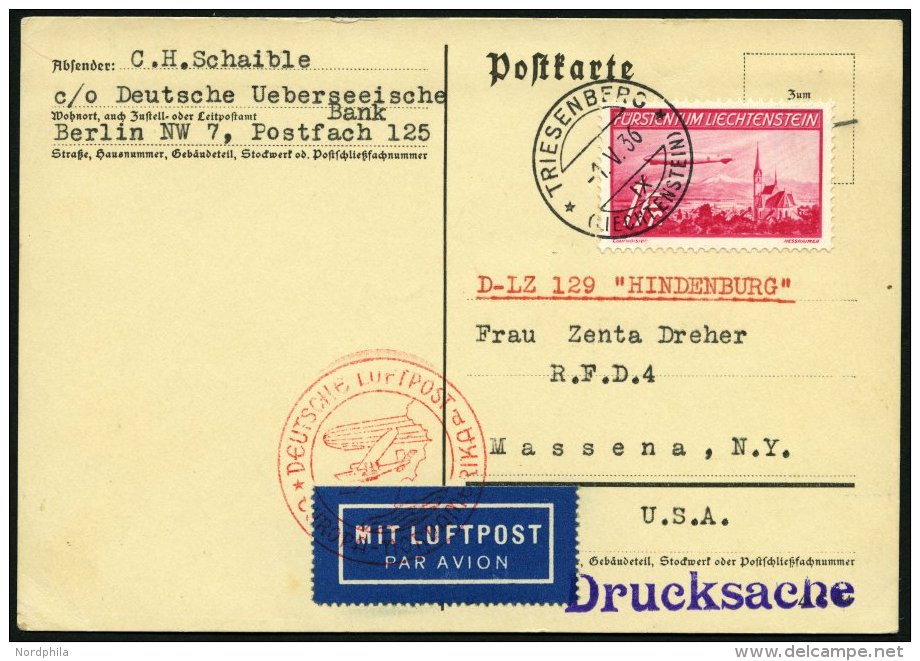 LIECHTENSTEIN 149I BRIEF, 1936, 1 Fr. Hindenburg Mit Abart Roter Fleck Im Zeppelin Auf Zeppelinkarte Vom Ersttag!, Prach - Other & Unclassified