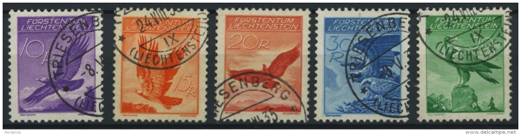 LIECHTENSTEIN 143-47x O, 1934/5, Adler, Glatter Gummi, 30 Rp. Kleiner Einri&szlig; Sonst Prachtsatz, Mi. 320.- - Other & Unclassified