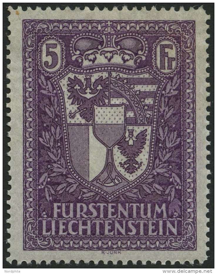 LIECHTENSTEIN 142 *, 1935, 5 Fr. Landeswappen, Falzreste, Pracht - Other & Unclassified