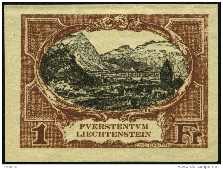 LIECHTENSTEIN 60P1 (*), 1921, 1 Fr., Ungez&auml;hnte Farbprobe In Braun, Ohne Gummi, Pracht, Fotoattest Marxer (Kopie Ei - Other & Unclassified