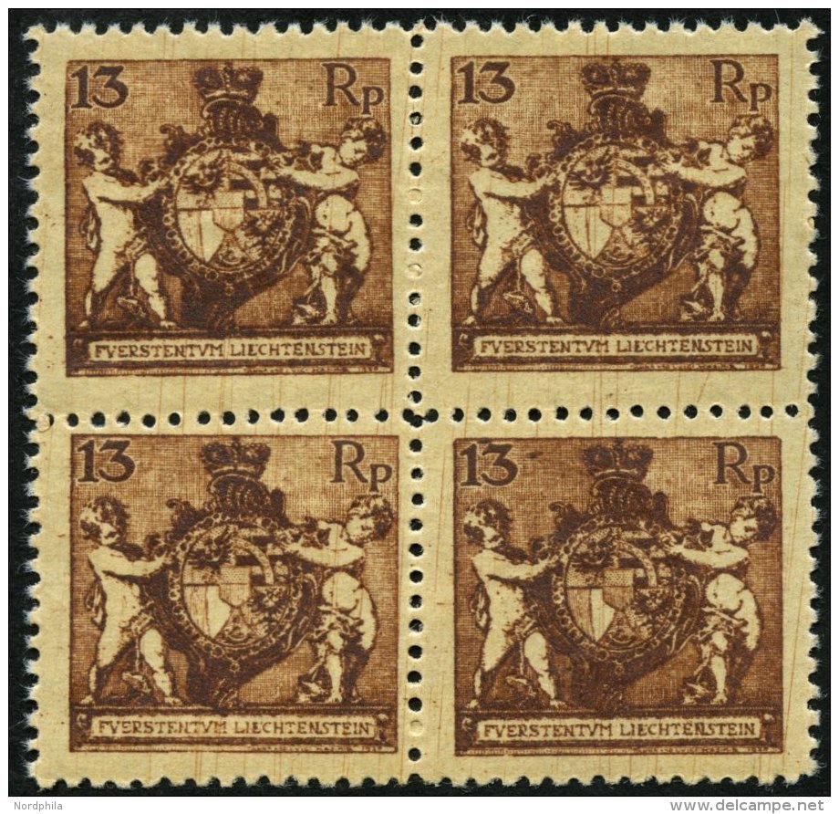 LIECHTENSTEIN 51B VB **, 1921, 13 Rp. Braun, Gez&auml;hnt L 121/2, Im Viererblock, Pracht, Mi. 120.- - Other & Unclassified