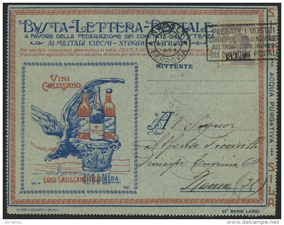 ITALIEN B 92II BRIEF, 1923, 50 C. Violett, Aufdruck B.L.P. Auf Inseraten-Kartenbrief (22. Serie Lazio) Von Neapel Nach R - Italy