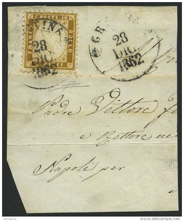 ITALIEN 9 BrfStk, 1862, 10 C. Braunoliv (Sassone Nr. 1e) Mit Stempel GRAVINA Auf Gro&szlig;em Briefst&uuml;ck, Pracht, F - Italy