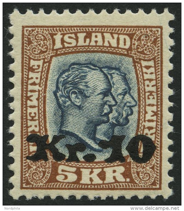 ISLAND 141 *, 1930, 10 Kr. Auf 5 Kr. Doppelportrait, Falzrest, Pracht, Signiert - Other & Unclassified