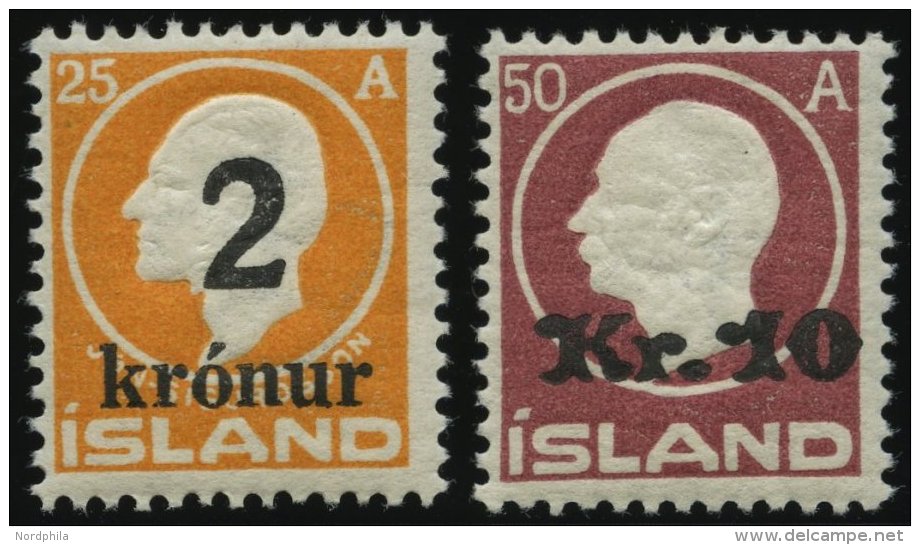 ISLAND 119/20 *, 1925/6, 2 Kr. Auf 25 A. Orange Und 10 Kr. Auf 50 A. Lilarot, Fast Postfrisch, Pracht - Other & Unclassified