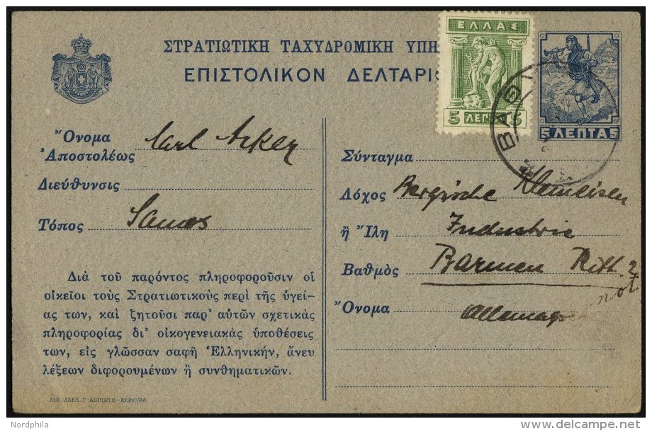 GRIECHENLAND 193 BRIEF, 1921, Ganzsachen Feld-Postkarte 5 L. Blau Von Samos Nach Deutschland Mit Zusatzfrankatur 5 L. Gr - Sonstige & Ohne Zuordnung