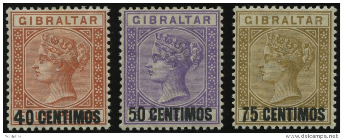 GIBRALTAR 19-21 *, 1889, 40 C. Auf 4 P. - 75 C. Auf 1 Sh., Falzreste, 3 Prachtwerte, Mi. 200.- - Gibraltar