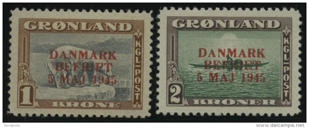 GR&Ouml;NLAND - D&Auml;NISCHE POST 23/4 *, 1945, 1 Und 2 Kr. DANMARK/BEFRIET, Falzrest, 2 Prachtwerte - Other & Unclassified