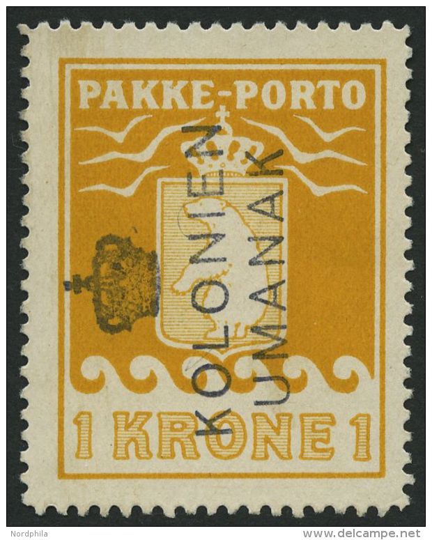 GR&Ouml;NLAND - PAKKE-PORTO 14 O, 1937, 1 Kr. Gelb, (Facit P 18), Kronenstempel KOLONIEN UMANAK, Pracht - Parcel Post