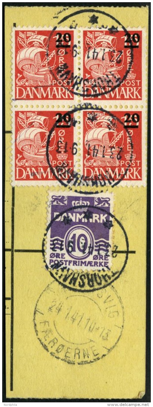 F&Auml;R&Ouml;ER 4 VB BrfStk, 1940, 20 &Oslash; Auf 15 &Oslash; Rot Im Viererblock Auf Postabschnitt, Pracht - Other & Unclassified