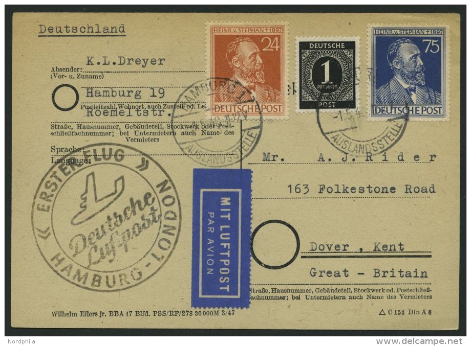 ERST-UND ER&Ouml;FFNUNGSFL&Uuml;GE 2303 BRIEF, 1.5.48, Hamburg-London, Flugbest&auml;tigungsstempel In Schwarz (Gef&auml - Covers & Documents