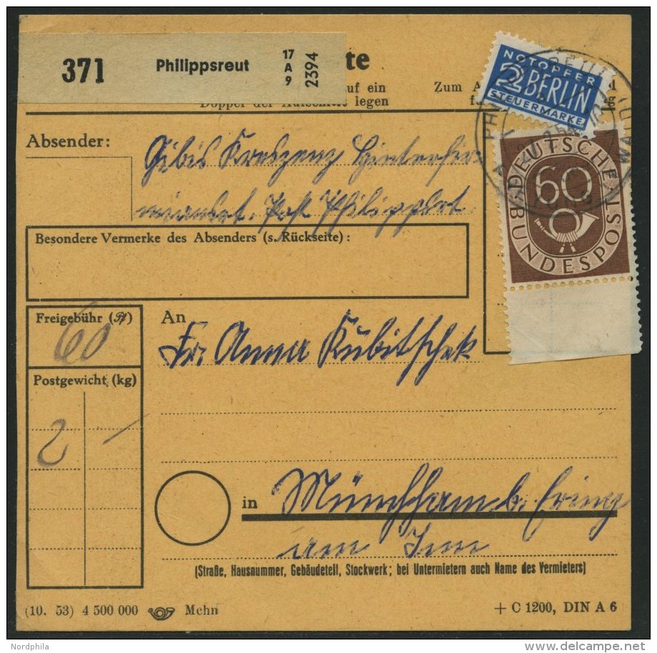 BUNDESREPUBLIK 135 BRIEF, 1954, 60 Pf. Posthorn Mit Unterrand (dort Bug) Als Einzelfrankatur Auf Paketkarte Aus PHILIPPS - Covers & Documents