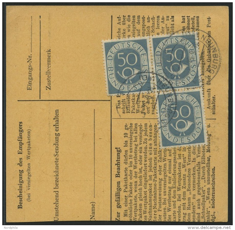 BUNDESREPUBLIK 134 Paar BRIEF, 1954, 50 Pf. Posthorn, 4x, Dabei Ein Dreierblock, Als Mehrfachfrankatur Auf Paketkarte Au - Used Stamps