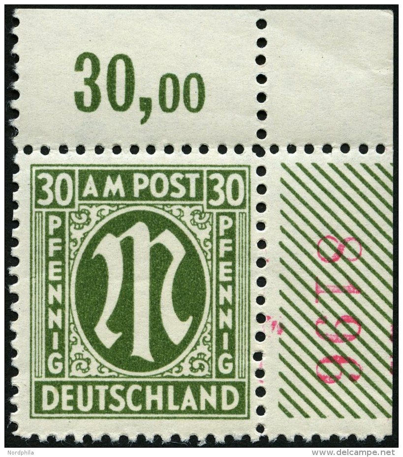 AMERIK. U. BRITISCHE ZONE 29aCr4 **, 1945, 30 Pf. Grauoliv, Gez&auml;hnt L 111/2:11, Rechte Obere Bogenecke, Rote Nummer - Other & Unclassified