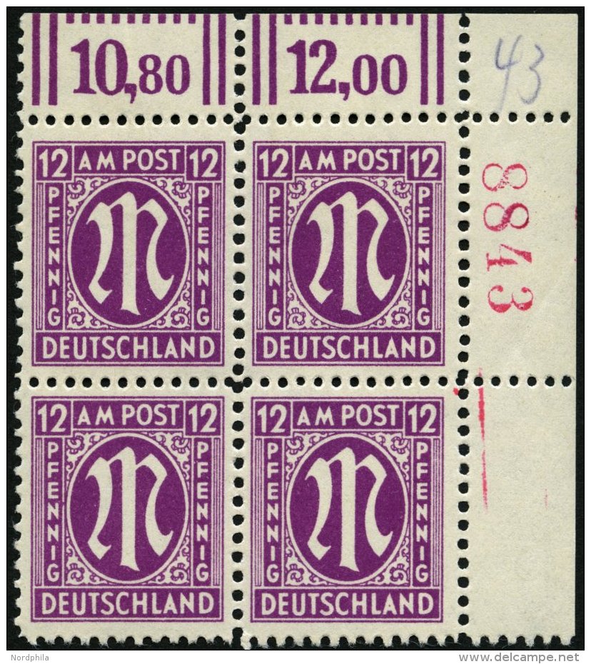 AMERIK. U. BRITISCHE ZONE 23Cr4 VB **, 1945, 12 Pf. Dunkelpurpur, Gez&auml;hnt L 111/2:11, Im Eckrandviererblock, Mit Ro - Other & Unclassified