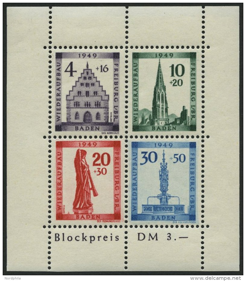 BADEN Bl. 1AI **, 1949, Block Freiburg, Gez&auml;hnt, Mit Abart Sirene Neben Sockel Des Engels, Pracht, Gepr. Schlegel, - Other & Unclassified