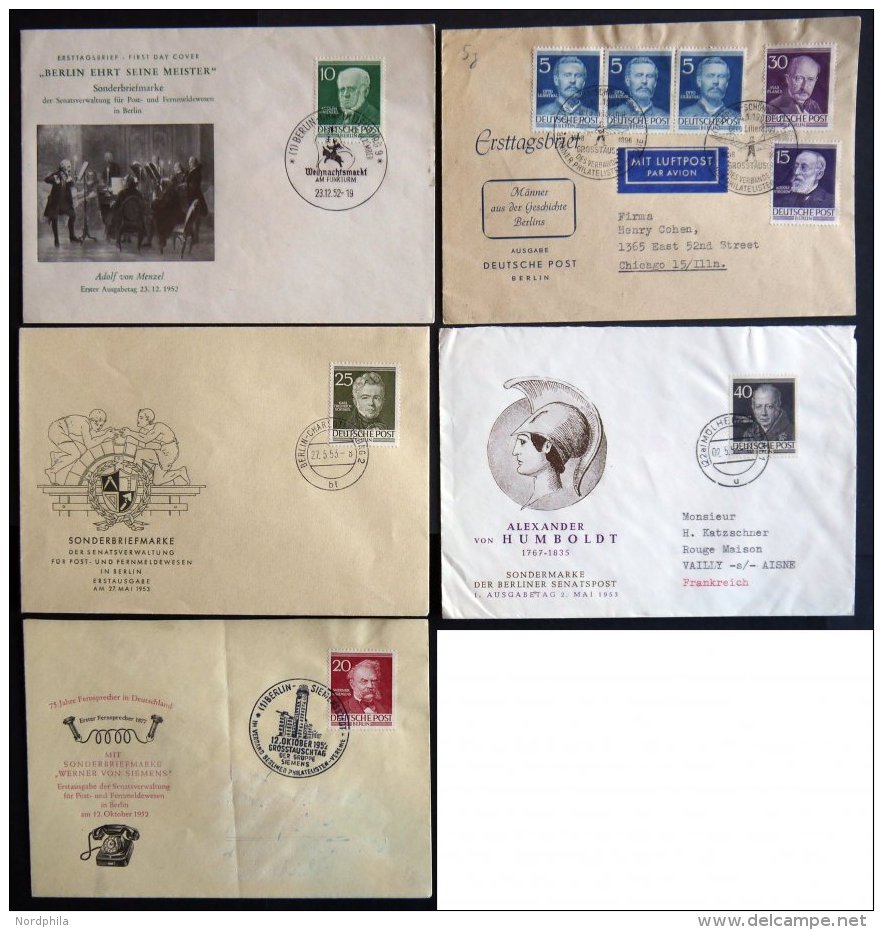 BERLIN 95-98,100 BRIEF, 1952, 10, 15, 20, 25 Und 40 Pf. M&auml;nner Der Geschichte Auf 5 FDC`s, Pracht/feinst - Used Stamps