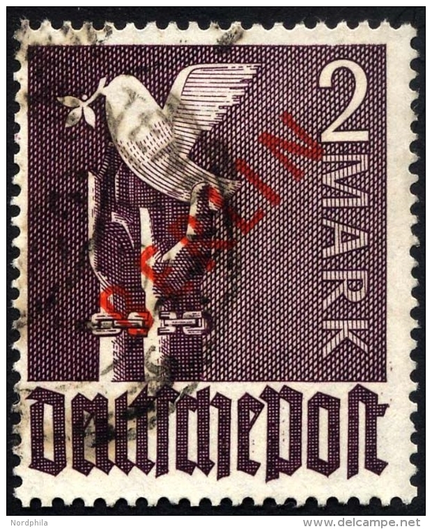 BERLIN 34 O, 1949, 2 M. Rotaufdruck, &uuml;blich Gez&auml;hnt Pracht, Gepr. Schlegel, Mi. 280.- - Used Stamps