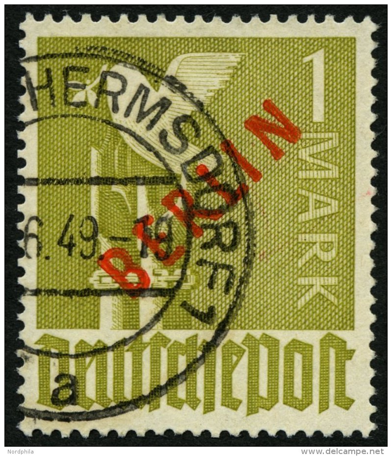 BERLIN 33 O, 1949, 1 M. Rotaufdruck, Unbedeutende Knitterspur, Pracht, Gepr. Schlegel, Mi. 550.- - Used Stamps