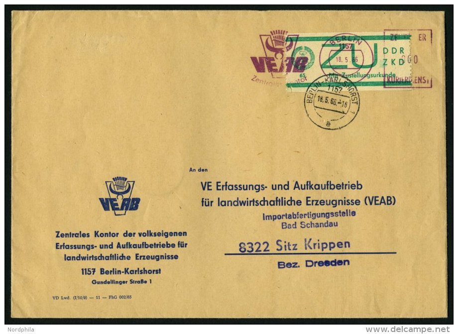 DIENSTMARKEN E E 1 BRIEF, 1965, 65 Pf. Bl&auml;ulichgr&uuml;n Auf Brief Aus BERLIN-KARLSHORST, Feinst (Marke Kleiner Ein - Other & Unclassified