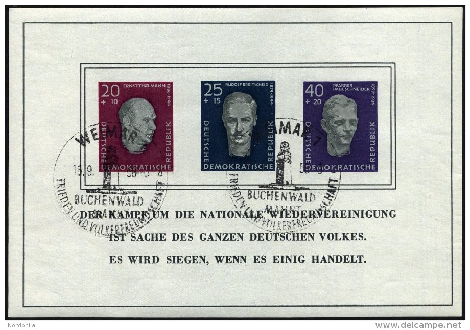 DDR Bl. 15 O, 1958, Block Buchenwald, Ersttags-Sonderstempel, Pracht, Mi. 130.- - Used Stamps