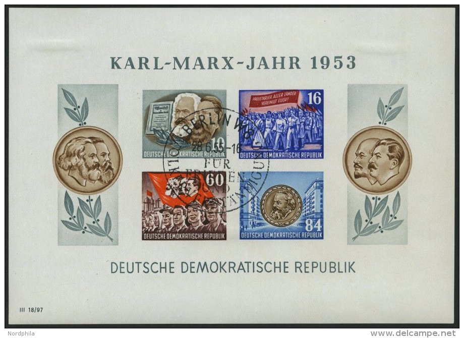 DDR Bl. 9BYII O, 1953, Marx-Block, Ungez&auml;hnt, Wz. 2YII, Sonderstempel BERLIN W 8 F&Uuml;R FRIEDEN UND VOLKSVERST&Au - Used Stamps