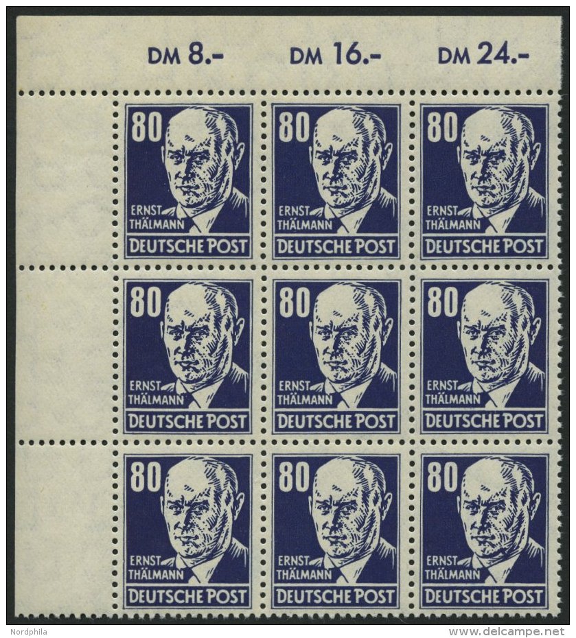 DDR 339PFIII **, 1952, 80 Pf. Th&auml;lmann Mit Plattenfehler Fleck Am Kinn Und Strich Am Kragen (Feld 23) Im Neunerbloc - Used Stamps