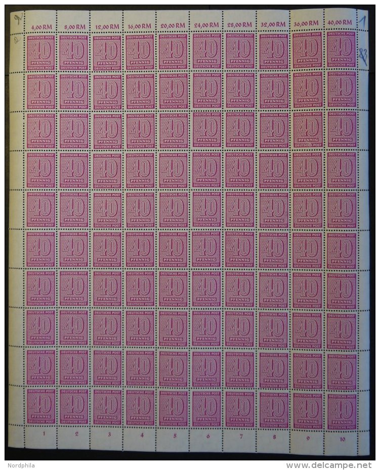 WEST-SACHSEN 136Xza **, 1946, 40 Pf. Lila, Wz. 1X, Kreidepapier, Im Bogen (100) Mit Abarten 136I Und 136II, Pracht - Other & Unclassified