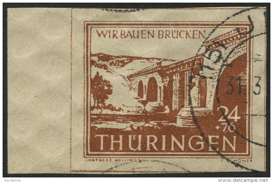 TH&Uuml;RINGEN 115cy O, 1946, 24 Pf. Mittelr&ouml;tlichbraun Wiederaufbau, Linkes Randst&uuml;ck, Pracht, Gepr. Str&ouml - Other & Unclassified